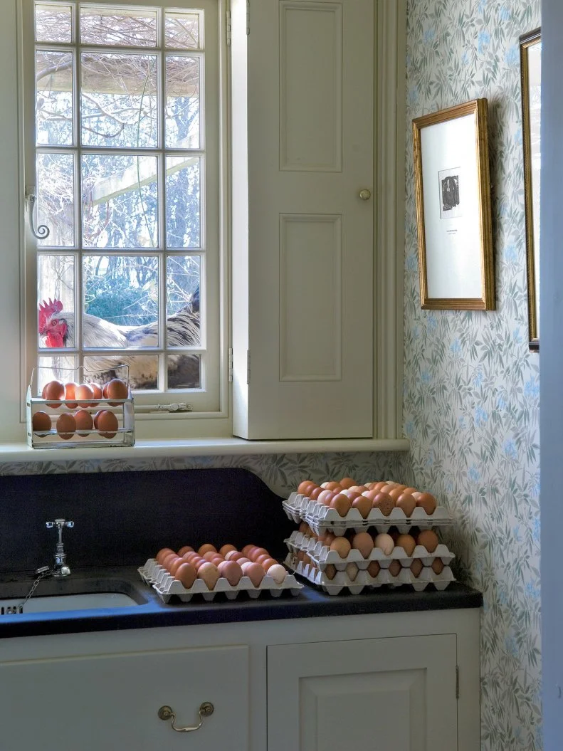 White Country Kitchen with Blue Floral Wallpaper White Country Kitchen with Blue Floral Wallpaper