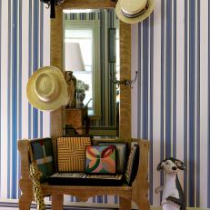 Blue-and-White Striped Wallpaper in Entryway