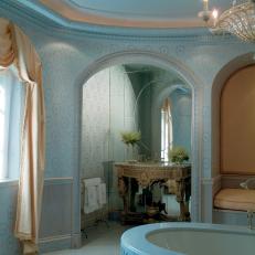 Blue Neoclassical Master Bathroom With Mosaic Ceiling