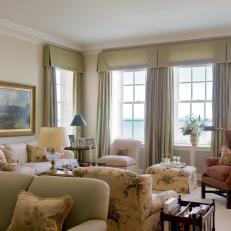 Traditional Living Room With Silk Window Treatments 