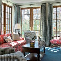 Traditional Sunroom With Blue Check Curtains