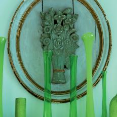 Salvage Wood Panel and Blown Glass Vases