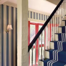 Blue & White Stair Runner in Striped Hallway