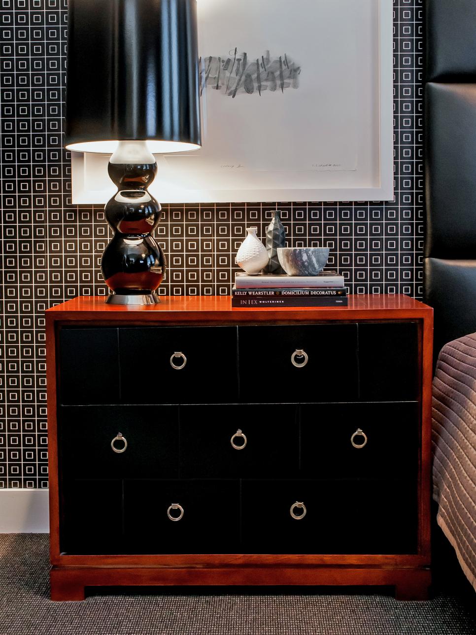 Masculine Bedroom With Black Bedside Table | HGTV
