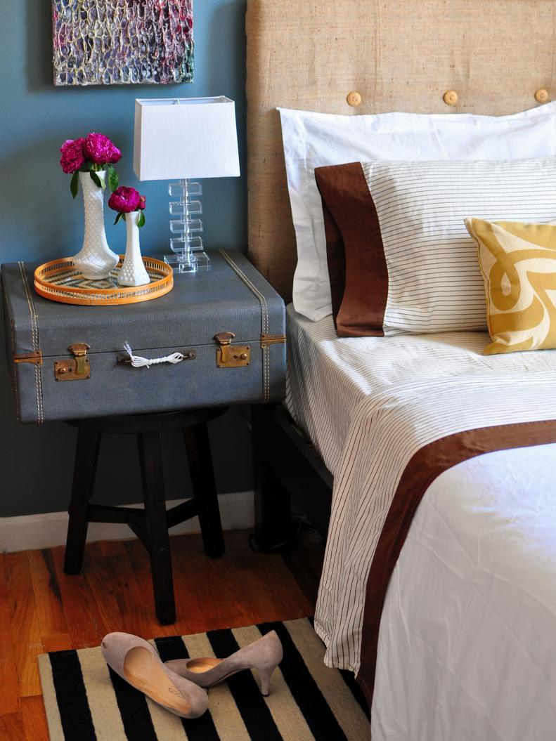 Traditional Blue Bedroom With Vintage Nightstand