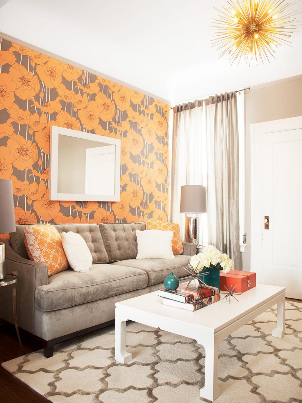 Eclectic Living Room With Neutral Sofa and Bold Floral Wallpaper | HGTV