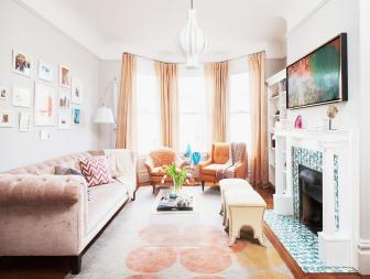 Eclectic Living Room With Blush Pink Velvet Sofa 