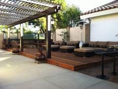 Asian Outdoor Lounge and Sunroom With Pergola