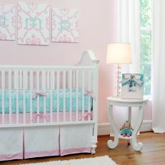 Pink and White Girl's Nursery With Aqua Monogram