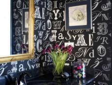 Contemporary Bathroom with Graphic Typography Wallpaper 