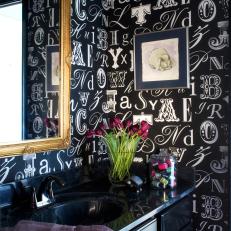 Contemporary Bathroom with Graphic Typography Wallpaper 