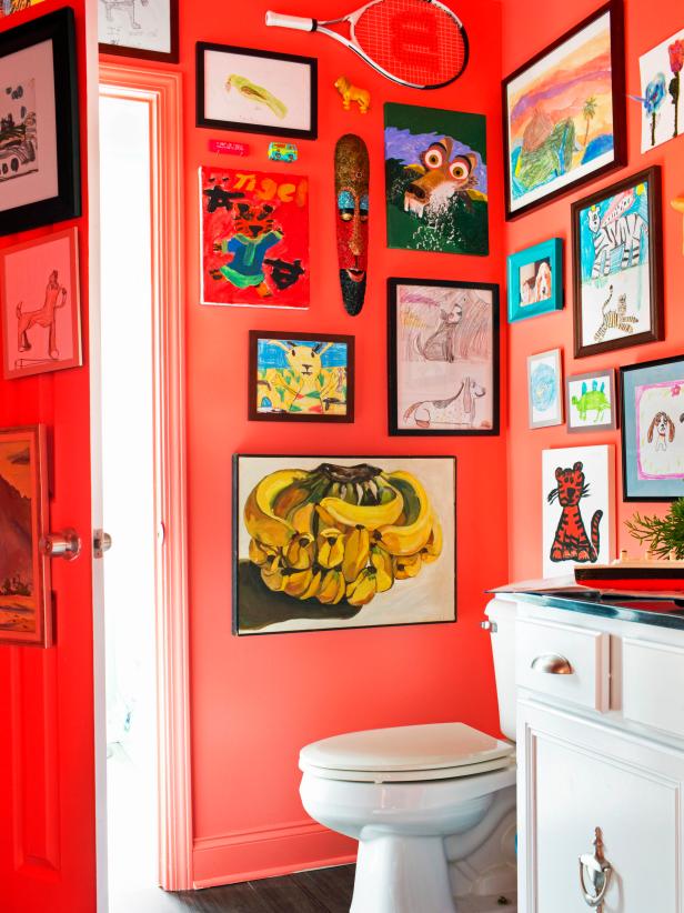 Red Boys Bathroom with Handmade Art