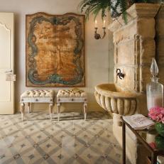 Tuscan Powder Room With Stone Wall Fountain 