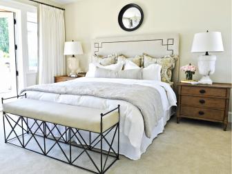 Neutral, Transitional Bedroom With Upholstered Headboard