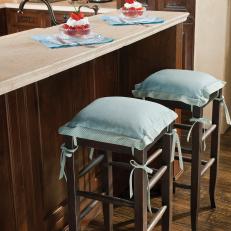 Wooden Kitchen Bar Stools With Blue Cushions