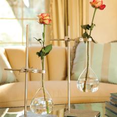 Eclectic Living Room With Glass Beakers as Vases 