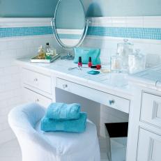 White Tiled Bathroom Vanity with Tiffany Blue Tile, Blue Walls and Matching Blue Accents