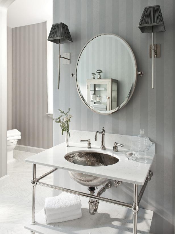 Vintage Gray Bathroom With Marble And Silver Sink