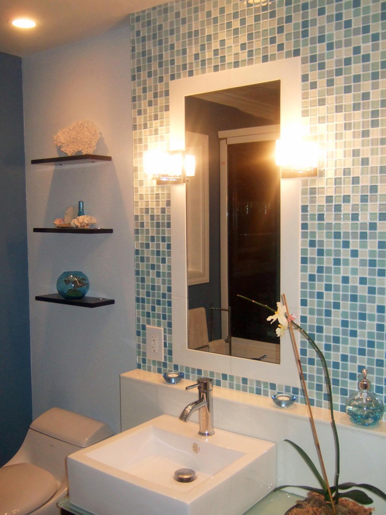 Blue Bathroom With Mosaic Glass Tile Backsplash | HGTV