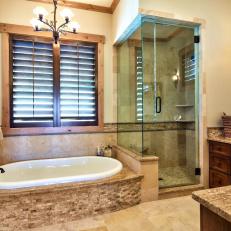 Brown Transitional Bathroom With Bathtub and Glass Shower