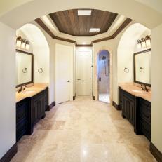 Spa-Style Cream Marble Master Bathroom With Double Sinks