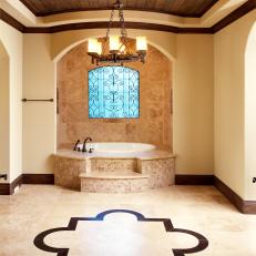 Brown and Cream Master Bathroom With Wood Ceiling