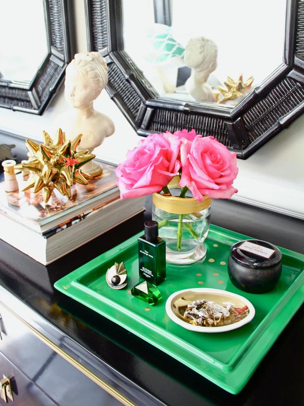 Create a personalized touch to a vanity tray by tracing zodiac constellation dots onto it, using a printable download. This bright and cheery tray acknowledges its user with a simple, yet creative embellishment, yet retains its functional use.