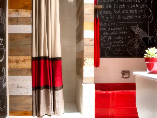 Cream & Red Striped Shower Curtain With Separate Red Tub