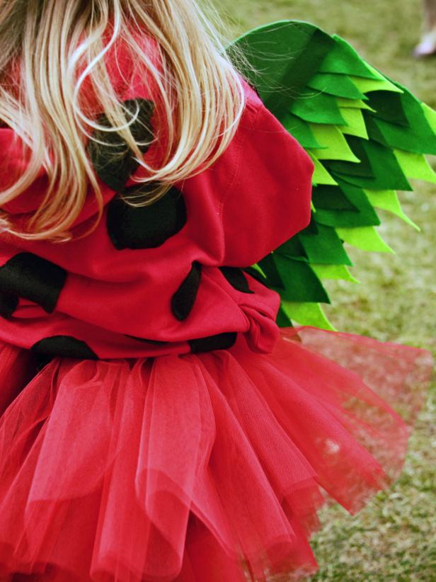 A handmade tulle tutu, basic red sweatshirt and felt are all you need to craft this cute Halloween ladybug costume complete with a personalized leafy trick-or-treat tote bag.