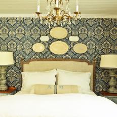 Blue & White Country Bedroom With Fabric Wall