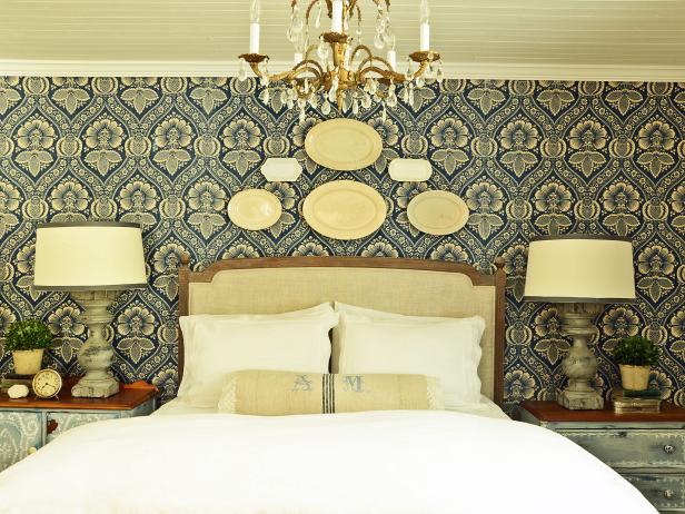 Blue and White Bedroom With Gold Chandelier 