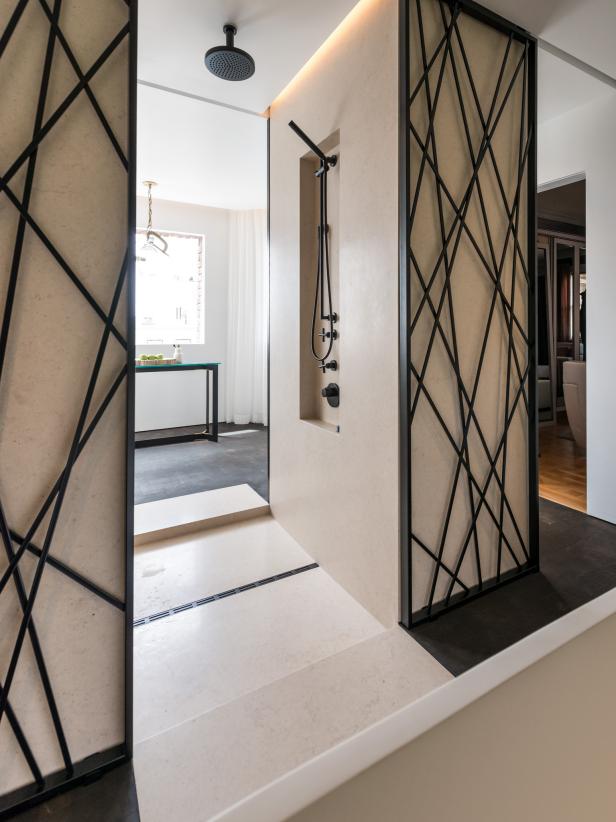 Contemporary Bathroom with Open Shower Area and Metalwork Wall Art | HGTV