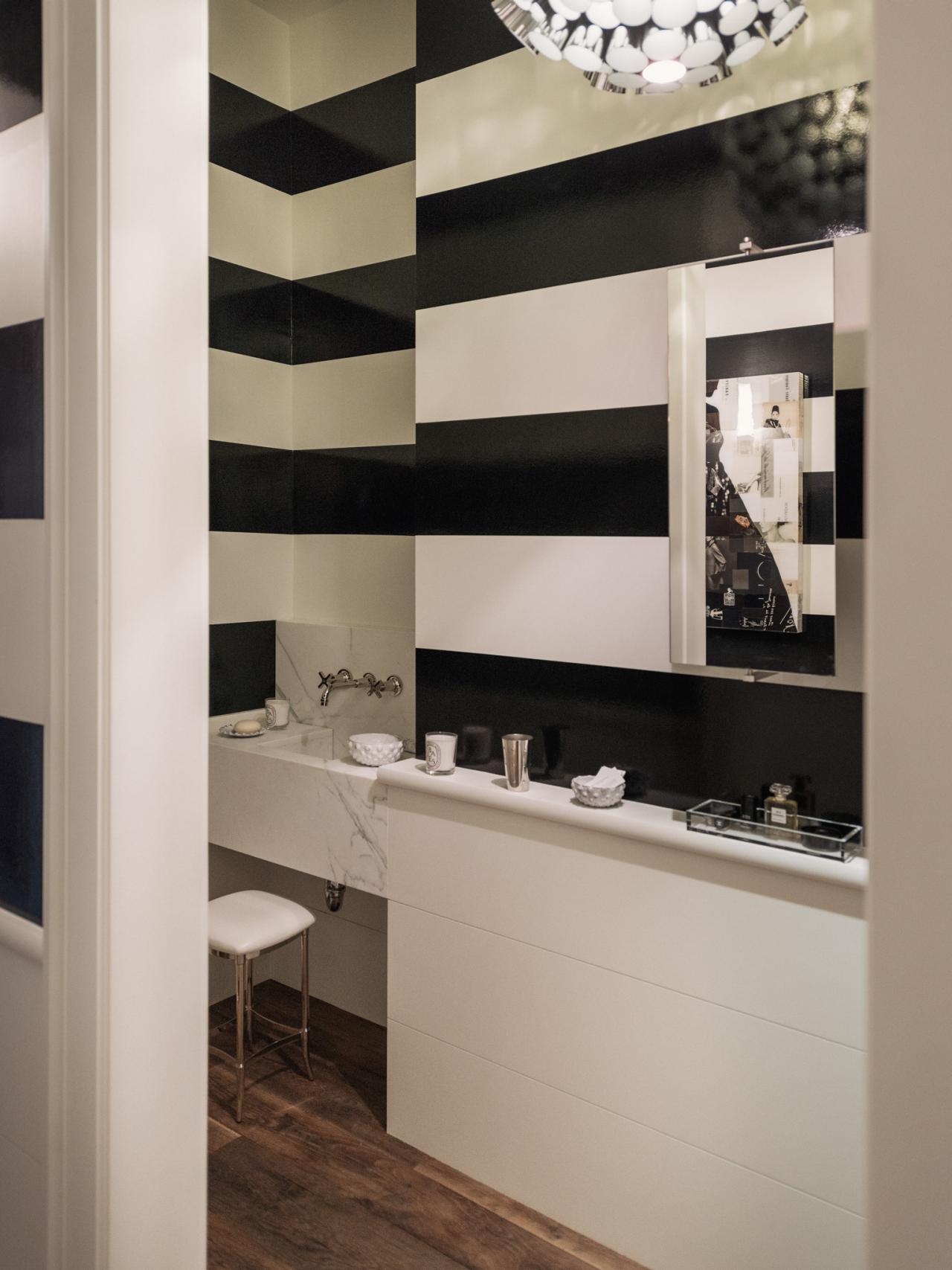 Modern Black and White Striped Powder Room | HGTV