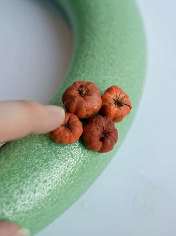 Preheat hot glue gun. Apply a small dab of hot glue to foam wreath. Immediately press a dried putka pod into hot glue and hold into place until glue cools. Repeat until entire front and sides of wreath are covered, arranging pods as close together as possible.