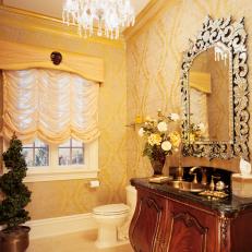 Yellow Victorian Powder Room With Chandelier