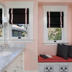 Pink Bathroom With Black Roman Shades