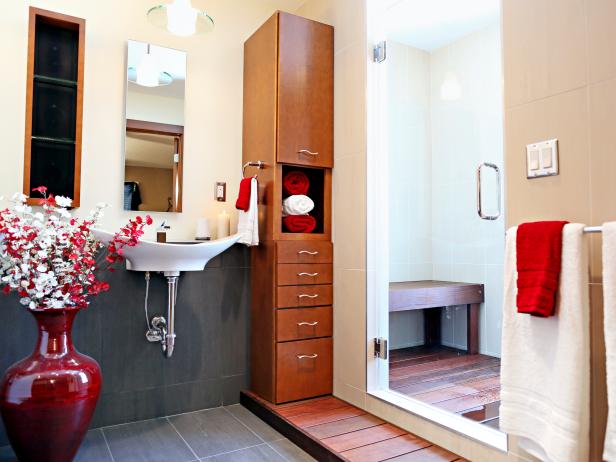 Photo Page Hgtv Contemporary Neutral Bathroom With Tall Wood Cabinet Stand Up Shower
