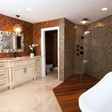 Brown Transitional Bathroom With Open Shower