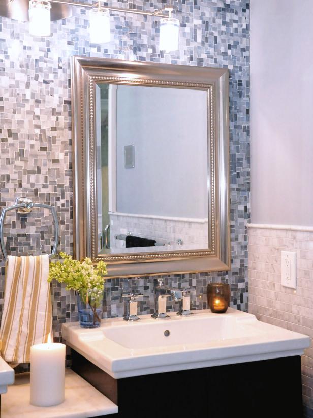 Neutral Transitional Bathroom With Gray Mosaic Tile Wall | HGTV