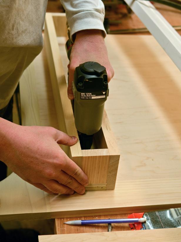 When making the front shelf to your custom range hood, tack into place with finishing nailer. Secure back of box to range hood's front panel with 1-1/4&quot; wood screws.