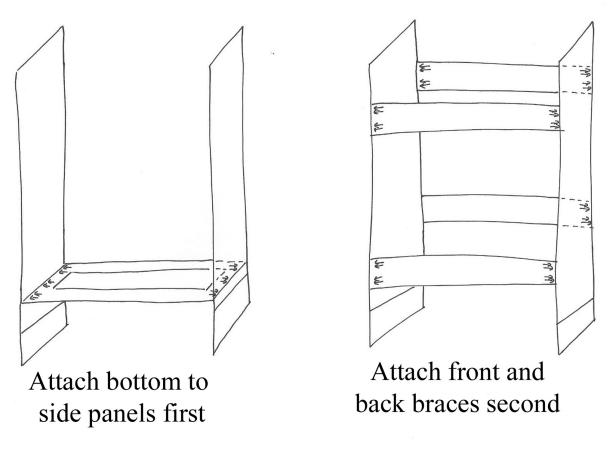 When putting together a custom range hood, assemble front panel and side panels according to plan. Arrows indicate approximate placement of pocket-hole screws; holes should be drilled into side that will be not be visible when range hood is completed. Make a clear diagram so you approach your project with a plan.
