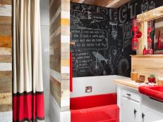 Rustic Bathroom With Small Red Tub, Reclaimed Wood, Red Light Fixture