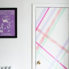 White Contemporary Dorm Room with Tape Decorated Door 