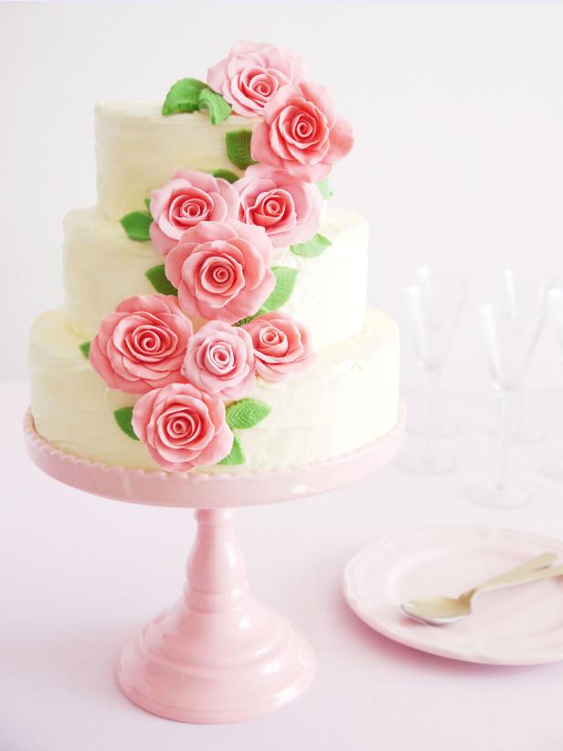 Beauty Shot of Wedding Cake with Pink Roses