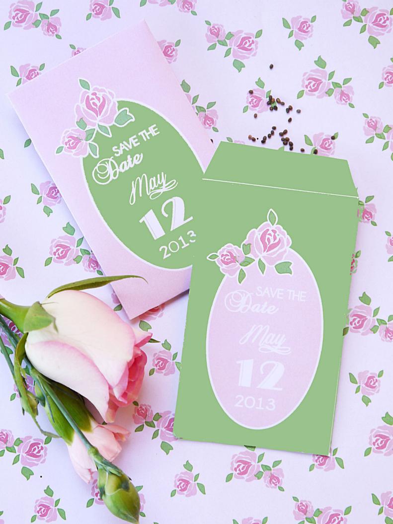 Pink & Green Seed Packet Save the Dates on Floral Background