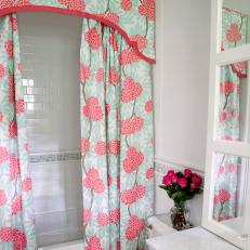 Bathroom with Floral Curtain 