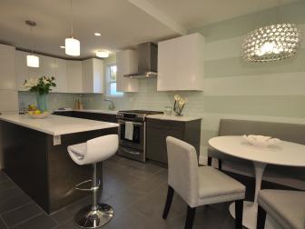 Green Kitchen With White Table, Green Striped Walls, Modern Barstool