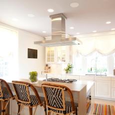 Transitional Kitchen With Waterfall Breakfast Bar