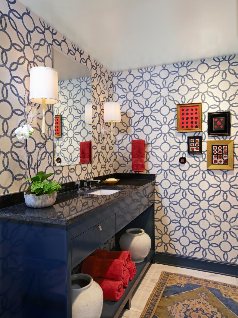 Guest Bathroom With Graphic Wallpaper 