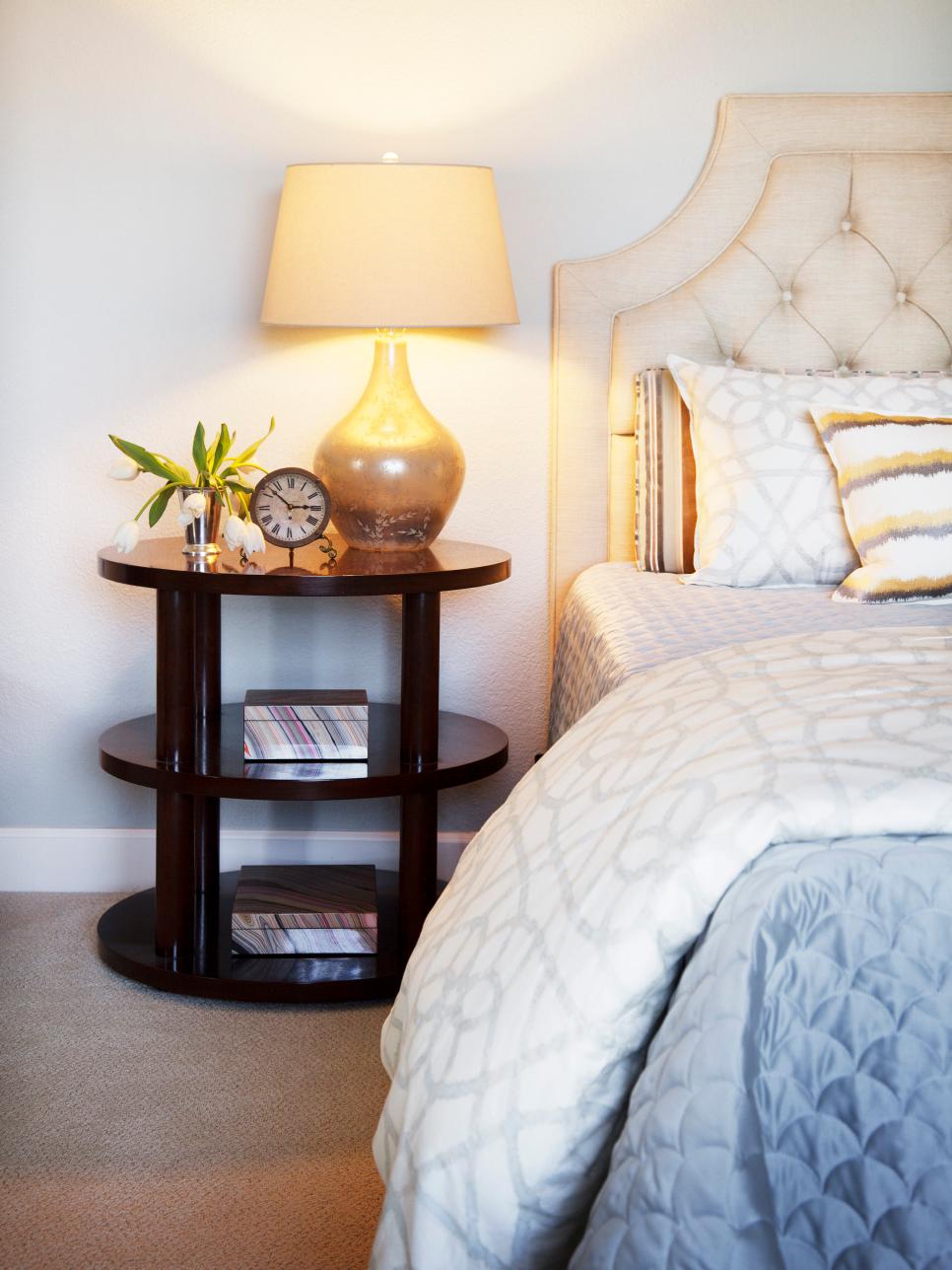 Neutral Master Bedroom With ThreeTiered Nightstand HGTV